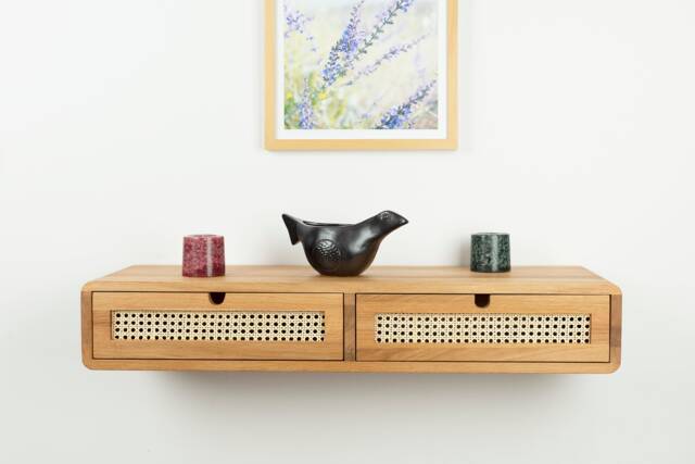 Solid Oak Floating Console Table With Rattan Drawers, Entryway Storage Furniture - image 1