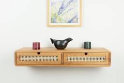 Solid Oak Floating Console Table With Rattan Drawers, Entryway Storage Furniture