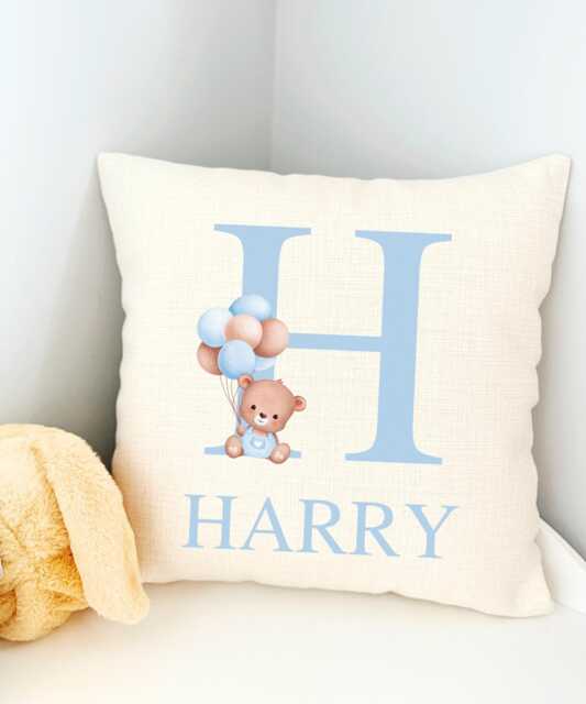 Personalised Teddy Bear Cushion Cover, New Baby Boy Cushion, Nursery Boys Bedroom Decor, Name Blue Balloons Decor - image 1