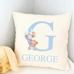 Personalised Teddy Bear Cushion Cover, New Baby Boy Cushion, Nursery Boys Bedroom Decor, Name Blue Balloons Decor - thumbnail 3