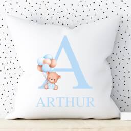 Personalised Teddy Bear Cushion Cover, New Baby Boy Cushion, Nursery Boys Bedroom Decor, Name Blue Balloons Decor - thumbnail 4