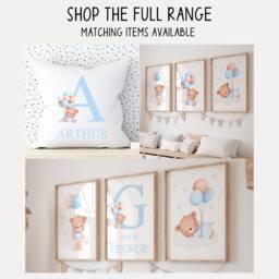 Personalised Teddy Bear Cushion Cover, New Baby Boy Cushion, Nursery Boys Bedroom Decor, Name Blue Balloons Decor - thumbnail 2