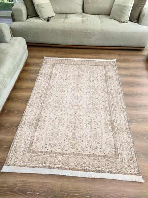 Vintage Beige Chenille Rug, Oriental Medallion, Washable Area Carpet - image 1