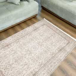 Vintage Beige Chenille Rug, Oriental Medallion, Washable Area Carpet - thumbnail 2