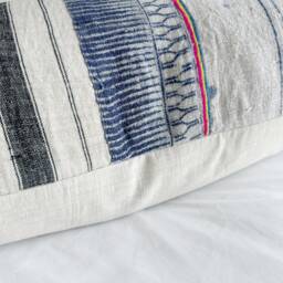Vintage White Hemp Pillow Cover Indigo Hand Block Print, 16 X 32 - thumbnail 2