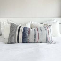Vintage White Hemp Pillow Cover Indigo Hand Block Print, 16 X 32 - thumbnail 1