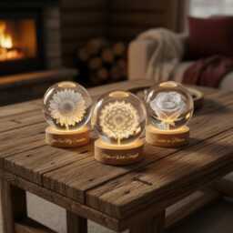 Floral Crystal Ball Night Light, Sunflower Dandelion Rose Led Globe Lamp, Romantic Gift Decor, Engraved Wooden Base Light - thumbnail 2