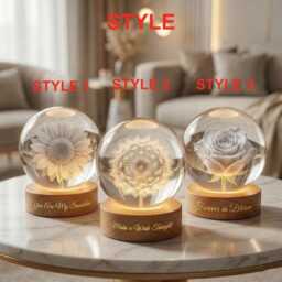 Floral Crystal Ball Night Light, Sunflower Dandelion Rose Led Globe Lamp, Romantic Gift Decor, Engraved Wooden Base Light - thumbnail 3
