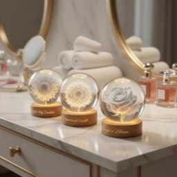 Floral Crystal Ball Night Light, Sunflower Dandelion Rose Led Globe Lamp, Romantic Gift Decor, Engraved Wooden Base Light - thumbnail 4