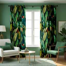Tropical Leaf Curtains, Jungle Botanical Print Drapes, Green Palm Custom Made Window Exotic Living Room Decor - thumbnail 2