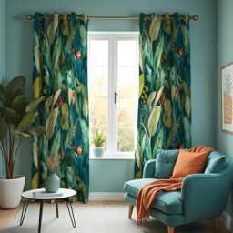 Tropical Leaf Curtains, Jungle Botanical Print Drapes, Green Palm Custom Made Window Exotic Living Room Decor