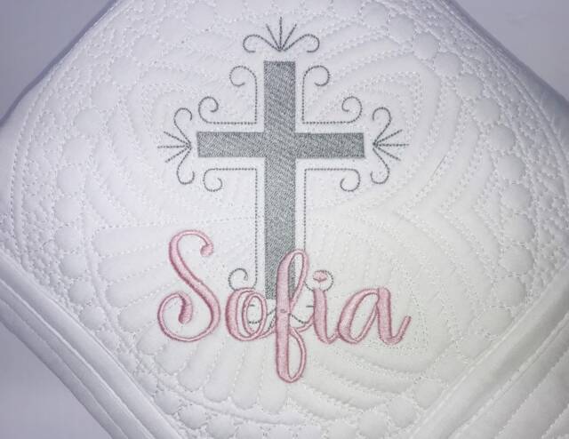 Personalized Baptism Cross Baby Quilt, Embroidered Blanket, Heirloom Keepsake - image 1