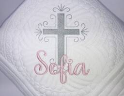 Personalized Baptism Cross Baby Quilt, Embroidered Blanket, Heirloom Keepsake - thumbnail 1