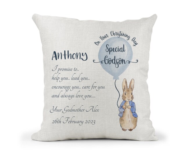 Personalised Godson Peter Rabbit Cream Cushion. Boys Christening Gift, Keepsake Gift, Bedroom Decor Gift - image 1