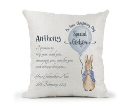 Personalised Godson Peter Rabbit Cream Cushion. Boys Christening Gift, Keepsake Gift, Bedroom Decor Gift - thumbnail 1