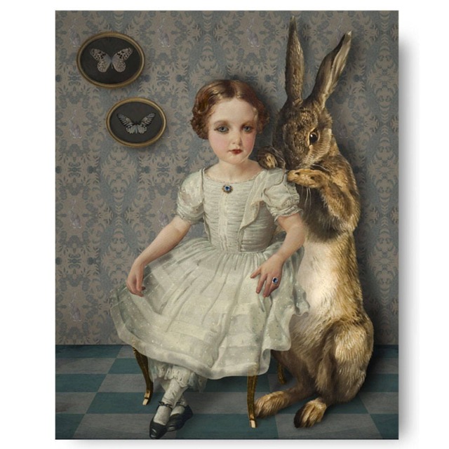 The Rabbit Portrait Print Art Blue Gray Surreal Home Decor Bunny Hare Pet Moth - image 1