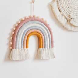 Pastel Macrame Rainbow Wall Hanging Scandi Nursery Decor With Pompoms - thumbnail 2