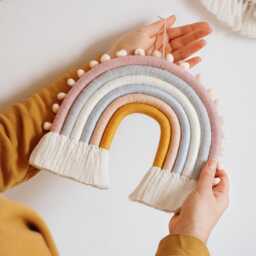 Pastel Macrame Rainbow Wall Hanging Scandi Nursery Decor With Pompoms - thumbnail 3