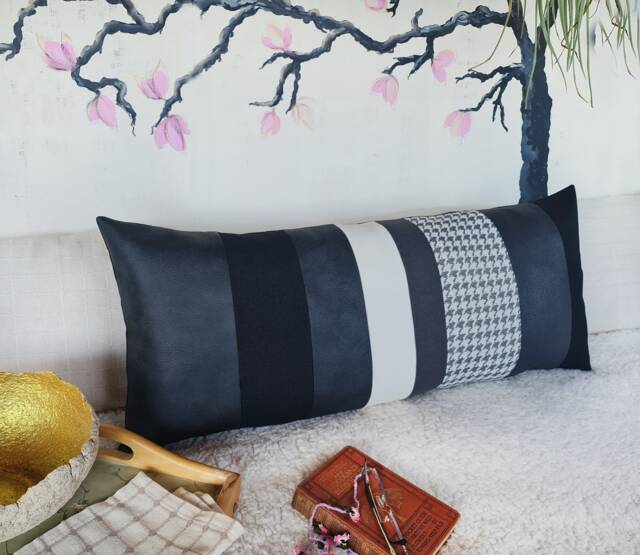 Segmented Faux Leather Lumbar Pillow Cover Zero Waste Design - 14x34 Inch - image 1