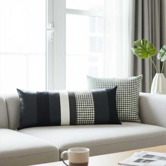Black Houndstooth Lumbar Pillow Cover, Artistic Color Block Faux Leather Cushion, Modern Monochrome Sofa Decor - image 1