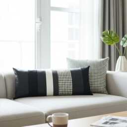 Black Houndstooth Lumbar Pillow Cover, Artistic Color Block Faux Leather Cushion, Modern Monochrome Sofa Decor - thumbnail 1