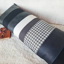 Black Houndstooth Lumbar Pillow Cover, Artistic Color Block Faux Leather Cushion, Modern Monochrome Sofa Decor - thumbnail 4