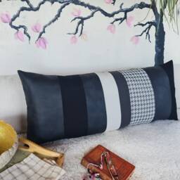 Black Houndstooth Lumbar Pillow Cover, Artistic Color Block Faux Leather Cushion, Modern Monochrome Sofa Decor - thumbnail 3