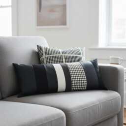 Black Houndstooth Lumbar Pillow Cover, Artistic Color Block Faux Leather Cushion, Modern Monochrome Sofa Decor - thumbnail 2