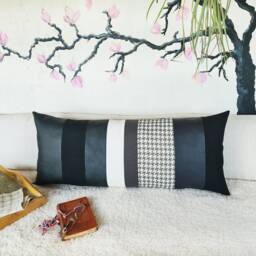 Segmented Faux Leather Lumbar Pillow Cover Zero Waste Design - 14x34 Inch - thumbnail 3
