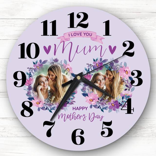 Mum Mother's Day Gift Purple Flower Photos Personalised Clock - image 1
