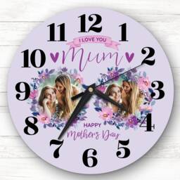 Mum Mother's Day Gift Purple Flower Photos Personalised Clock - thumbnail 1