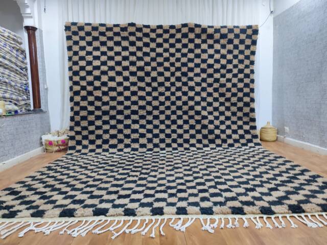 Blue & White Checkered Wool Rug - Handmade Moroccan Berber Carpet - image 1
