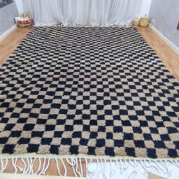 Blue & White Checkered Wool Rug - Handmade Moroccan Berber Carpet - thumbnail 4