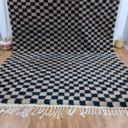 Blue & White Checkered Wool Rug - Handmade Moroccan Berber Carpet - thumbnail 3