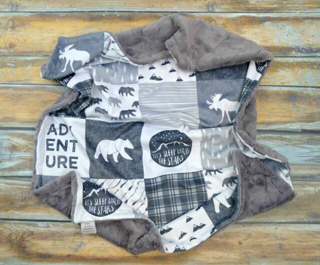 Minky Baby Blanket - Personalized Monochrome Bedding Adventure Woodland Nursery Rustic - image 1