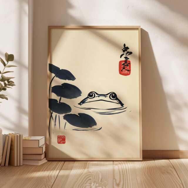 Japanese Frog Poster, Lotus Pond Wall Art, Vintage Ukiyo-E Print, Zen Nature Illustration, Traditional Decor - image 1