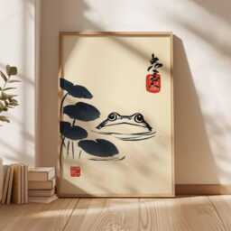Japanese Frog Poster, Lotus Pond Wall Art, Vintage Ukiyo-E Print, Zen Nature Illustration, Traditional Decor - thumbnail 1