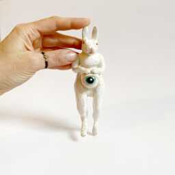 White Rabbit Figurine, Wall Decoration, Bunny Lover Gift, Eye Motif, Ceramic Rabbit, Office Decor, Rabbit Figurine