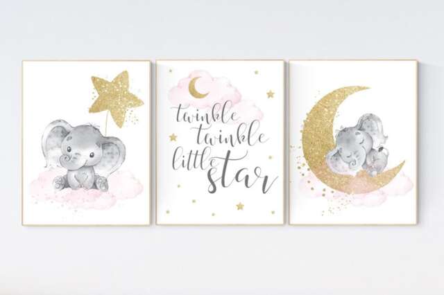 Elephant Nursery Print Pink, Gold Moon & Stars Wall Art - image 1
