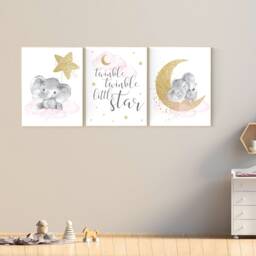 Elephant Nursery Print Pink, Gold Moon & Stars Wall Art - thumbnail 2