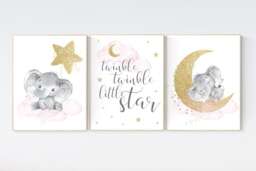 Elephant Nursery Print Pink, Gold Moon & Stars Wall Art - thumbnail 1