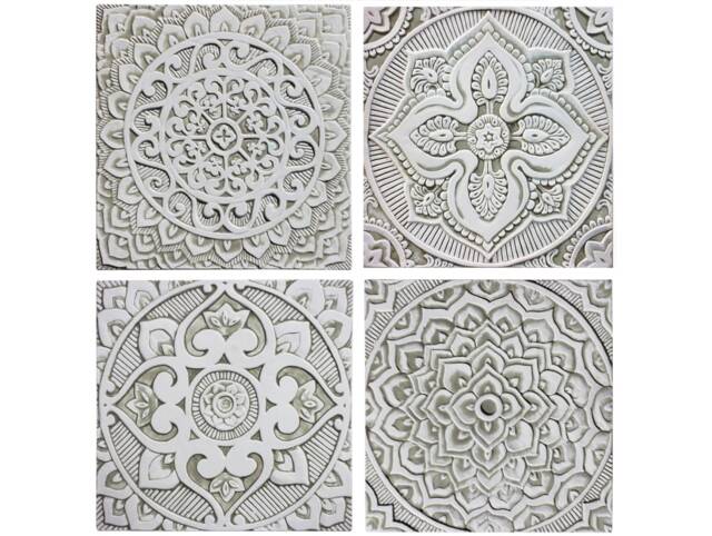4 Mandala Wall Hangings Ceramic Tiles For Kitchen Decor, Art Set, Hanging Outdoor Design, Handmade Tile, 30cm Beige - image 1