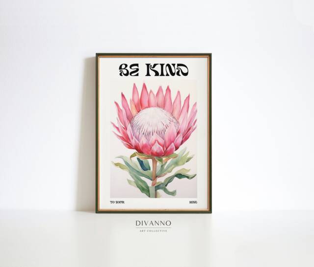 Be Kind Botanical Print, Naturalistic Typography Quote Sign, Floral Wall Art, King Protea Flower Canvas, Digital, Retro Blossom Decor - image 1