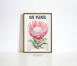 Be Kind Botanical Print, Naturalistic Typography Quote Sign, Floral Wall Art, King Protea Flower Canvas, Digital, Retro Blossom Decor - thumbnail 1
