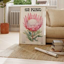 Be Kind Botanical Print, Naturalistic Typography Quote Sign, Floral Wall Art, King Protea Flower Canvas, Digital, Retro Blossom Decor - thumbnail 3