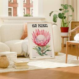 Be Kind Botanical Print, Naturalistic Typography Quote Sign, Floral Wall Art, King Protea Flower Canvas, Digital, Retro Blossom Decor - thumbnail 2