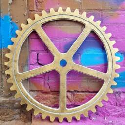 Antique Metallic Brass/Gold Gear Set, Large Wood Gear Steampunk Wall Art Decor, Industrial Wall Art - thumbnail 3