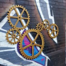 Antique Metallic Brass/Gold Gear Set, Large Wood Gear Steampunk Wall Art Decor, Industrial Wall Art - thumbnail 2