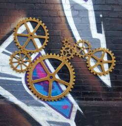 Antique Metallic Brass/Gold Gear Set, Large Wood Gear Steampunk Wall Art Decor, Industrial Wall Art - thumbnail 1