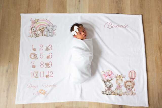 Personalised Pink Rainbow Baby Milestone Blanket, Flannel - image 1